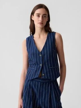 Gap Navy Blue Pinstripe Linen Cotton Waistcoat NWT Size Large Vest